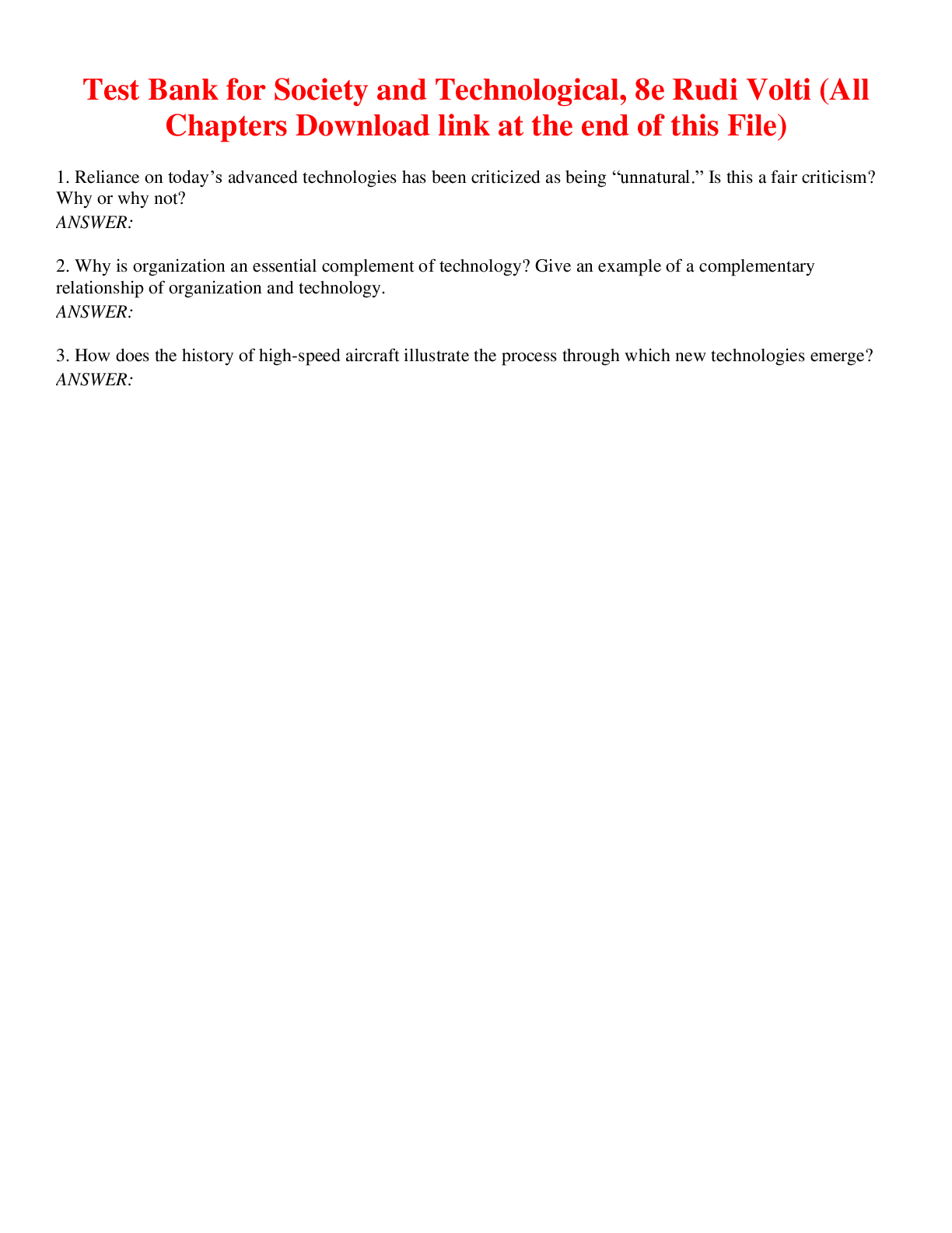 Preview of Society and Technological , 8e Rudi Volti (Test Bank)